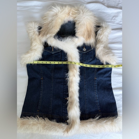 Vintage Denim Vest w Fox Fur Trim Womens Large 70s disco Y2K Mob Wife Penny Lane - Picture 3 of 7
